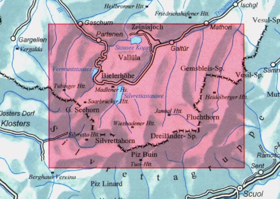 Alpenvereinskarte Topografische kaart 26 Silvrettagruppe weg + ski